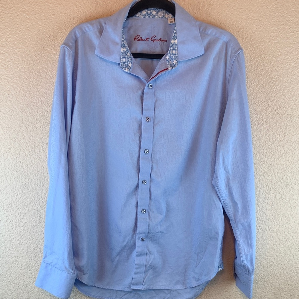 Robert Graham men’s Light Blue Button Down sz L wedding guest church work